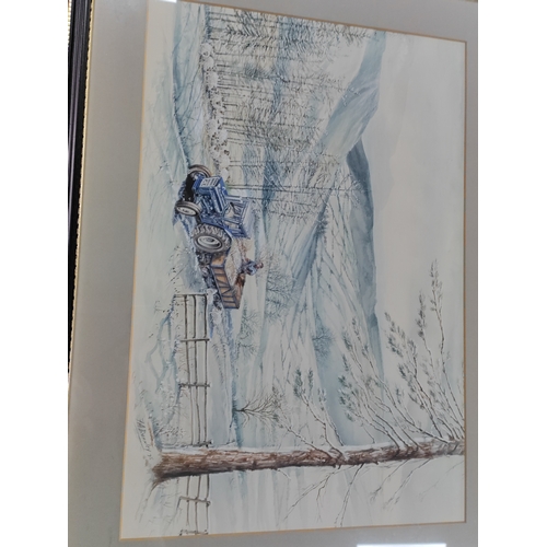 172 - A pair of original mixed media paintings signed FA Burnley '75 of tractors in summer and winter.