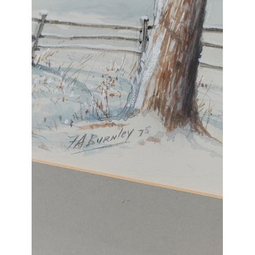 172 - A pair of original mixed media paintings signed FA Burnley '75 of tractors in summer and winter.