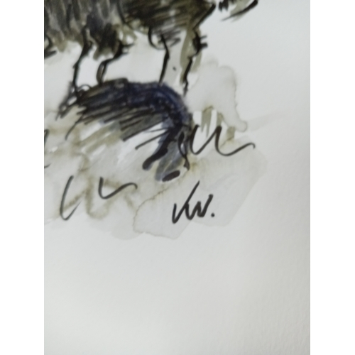 148 - An unframed pen drawing of a dog monogrammed KW thought to be Kyffin Williams. Measures 30 cm x 40 c... 