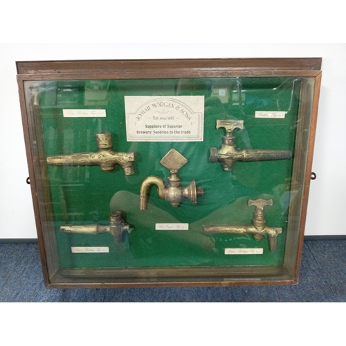 147 - A framed collection of Antique brass beer taps/spigots from Josiah Morgan & Sons. To include a large... 