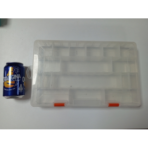 126 - A bahco fishing tackle box. Measures 36cm x 23cm. Has 17 various sized compartments.