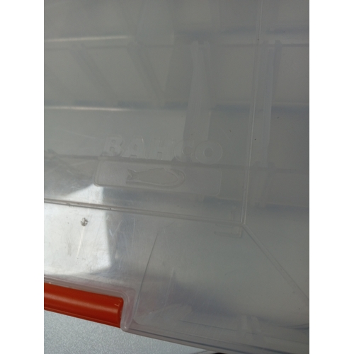 126 - A bahco fishing tackle box. Measures 36cm x 23cm. Has 17 various sized compartments.