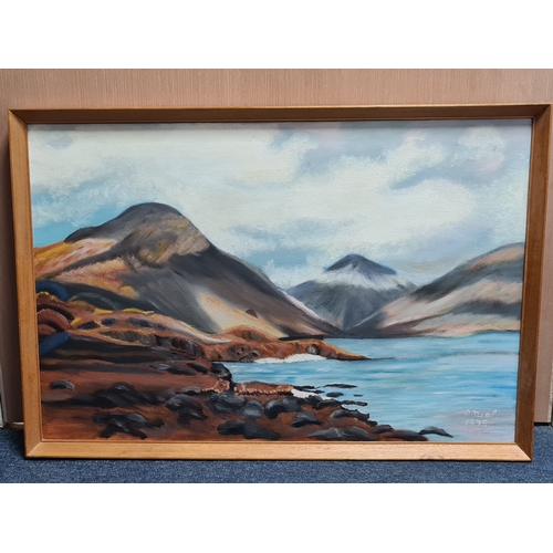 116 - Framed Oil painting landscape of Lake & Mountains signed O'Neal 1975. Measures H55cm x 80cm.