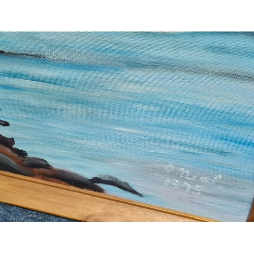 116 - Framed Oil painting landscape of Lake & Mountains signed O'Neal 1975. Measures H55cm x 80cm.