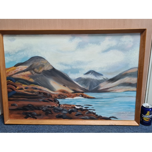 116 - Framed Oil painting landscape of Lake & Mountains signed O'Neal 1975. Measures H55cm x 80cm.