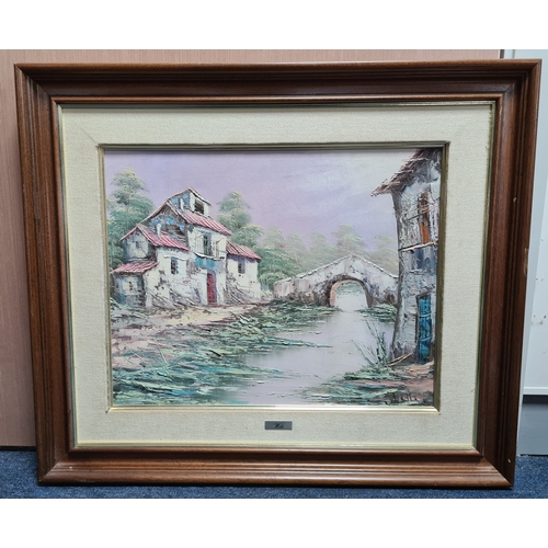 117 - Framed mid century Oil painting Landscape of European village on the river, signed Wells. Measures H... 