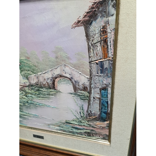 117 - Framed mid century Oil painting Landscape of European village on the river, signed Wells. Measures H... 