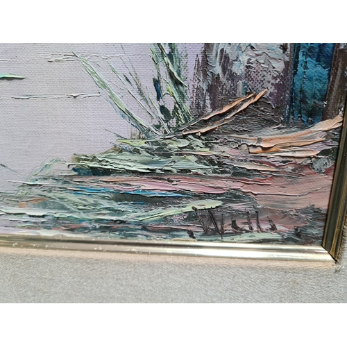 117 - Framed mid century Oil painting Landscape of European village on the river, signed Wells. Measures H... 
