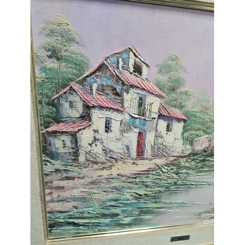 117 - Framed mid century Oil painting Landscape of European village on the river, signed Wells. Measures H... 