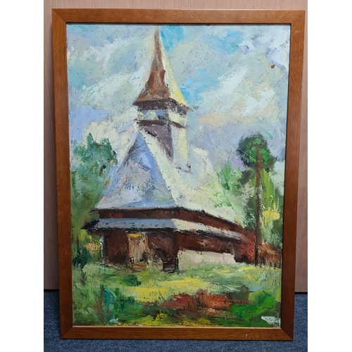 118 - Framed Impressionistic Oil painting of a Romanian 'Biserica' Wooden Church, by Angela Pop & Paul Van... 