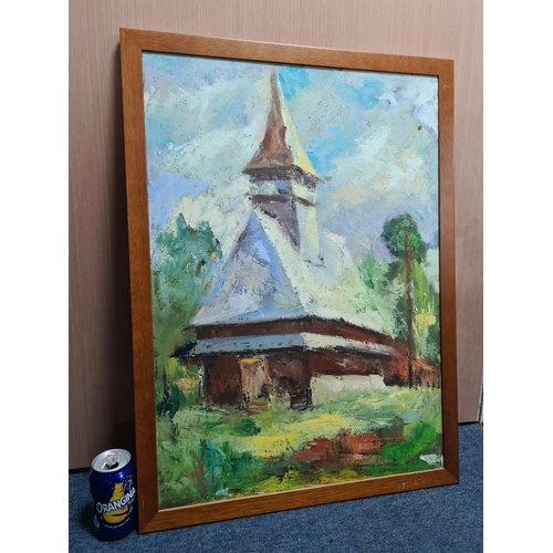 118 - Framed Impressionistic Oil painting of a Romanian 'Biserica' Wooden Church, by Angela Pop & Paul Van... 
