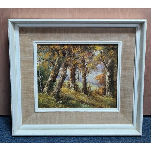 120 - Framed mid century Oil landscape painting of a autumnal woodland, signed but illegible. Measures H41... 
