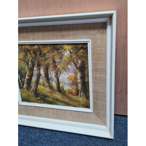 120 - Framed mid century Oil landscape painting of a autumnal woodland, signed but illegible. Measures H41... 