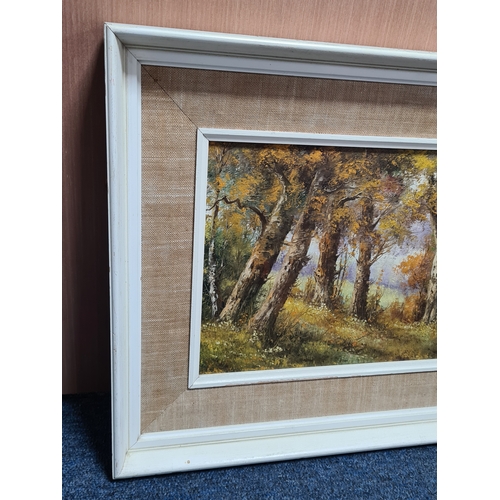 120 - Framed mid century Oil landscape painting of a autumnal woodland, signed but illegible. Measures H41... 