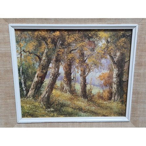 120 - Framed mid century Oil landscape painting of a autumnal woodland, signed but illegible. Measures H41... 