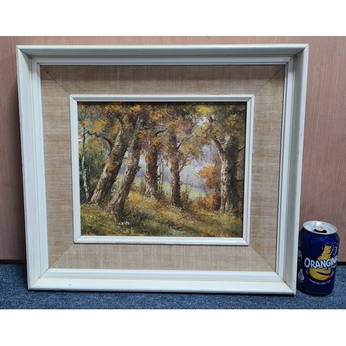 120 - Framed mid century Oil landscape painting of a autumnal woodland, signed but illegible. Measures H41... 