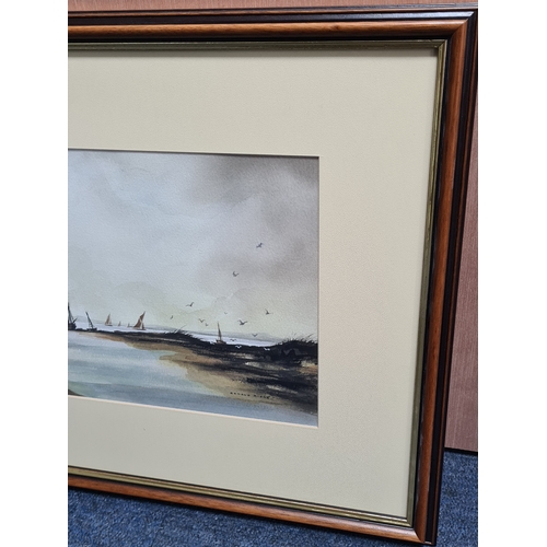 124 - Glass framed moody Watercolour painting: The Estuary, Norfolk 1987, signed Ronald Ridge. Measures H4... 