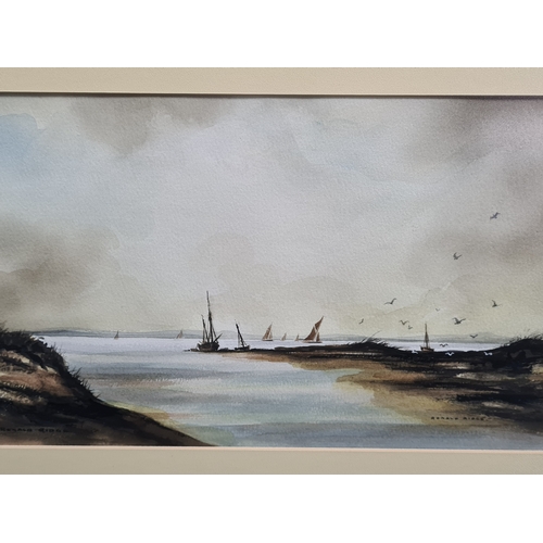 124 - Glass framed moody Watercolour painting: The Estuary, Norfolk 1987, signed Ronald Ridge. Measures H4... 