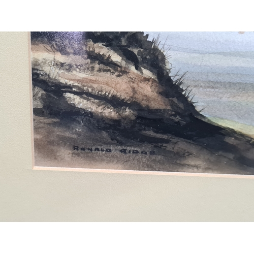 124 - Glass framed moody Watercolour painting: The Estuary, Norfolk 1987, signed Ronald Ridge. Measures H4... 