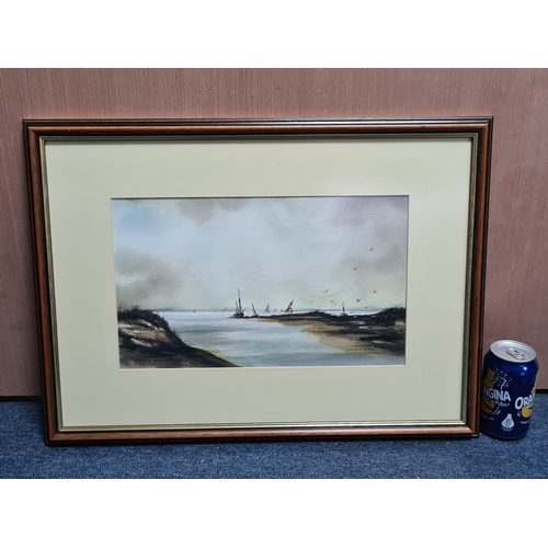 124 - Glass framed moody Watercolour painting: The Estuary, Norfolk 1987, signed Ronald Ridge. Measures H4... 