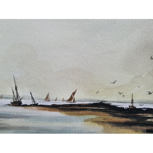 124 - Glass framed moody Watercolour painting: The Estuary, Norfolk 1987, signed Ronald Ridge. Measures H4... 