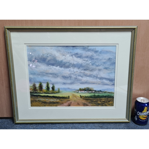 128 - Glass framed Atmospheric landscape Oil or Acrylic painting of the countryside with farmhouse. Signat... 