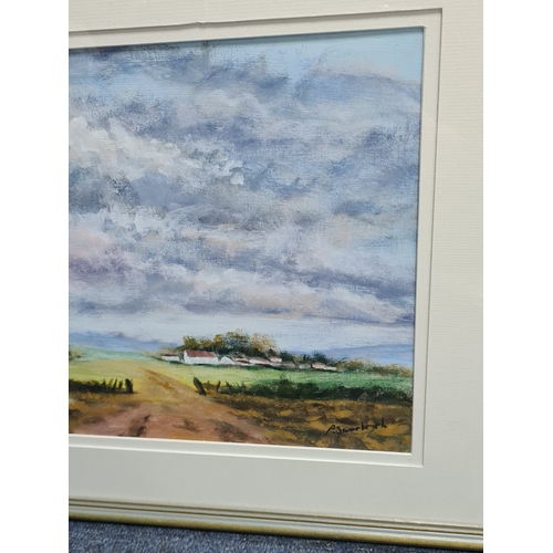 128 - Glass framed Atmospheric landscape Oil or Acrylic painting of the countryside with farmhouse. Signat... 