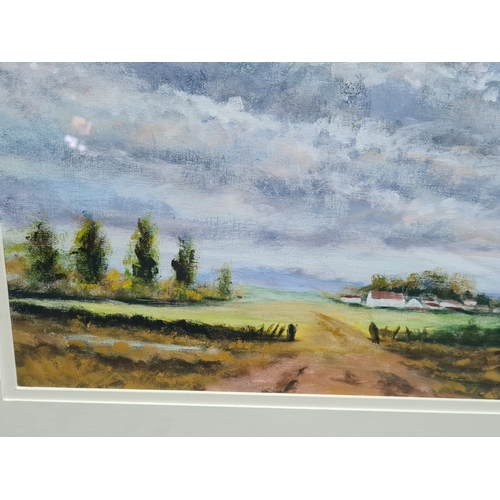 128 - Glass framed Atmospheric landscape Oil or Acrylic painting of the countryside with farmhouse. Signat... 