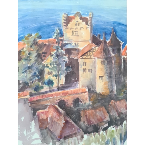 130 - Glass framed watercolour painting of German style Castle on the Lake, possibly Meersburg on Lake Con... 