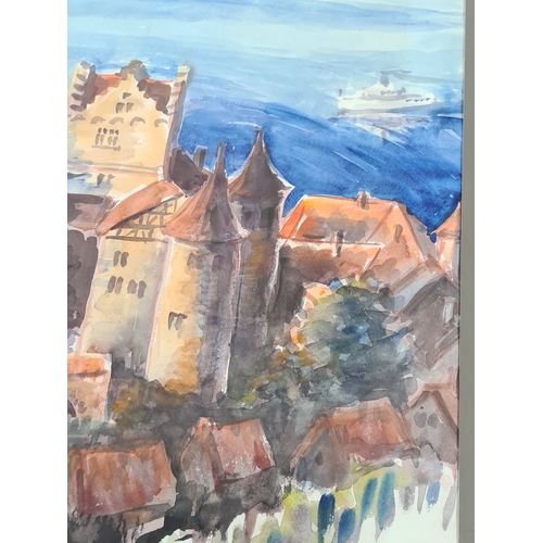 130 - Glass framed watercolour painting of German style Castle on the Lake, possibly Meersburg on Lake Con... 