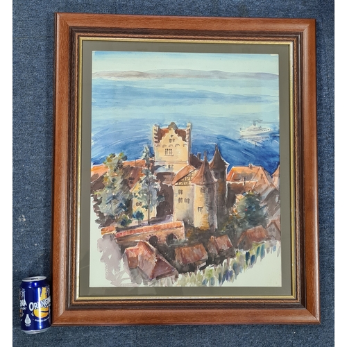 130 - Glass framed watercolour painting of German style Castle on the Lake, possibly Meersburg on Lake Con... 