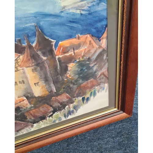 130 - Glass framed watercolour painting of German style Castle on the Lake, possibly Meersburg on Lake Con... 