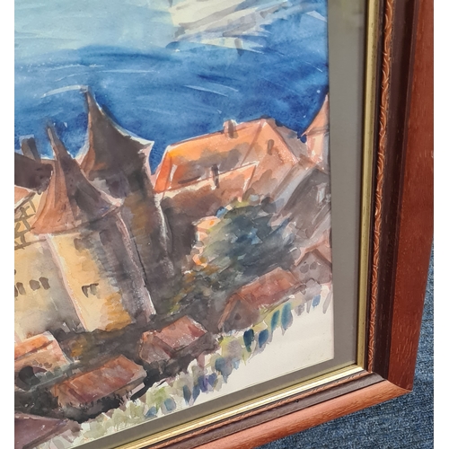 130 - Glass framed watercolour painting of German style Castle on the Lake, possibly Meersburg on Lake Con... 
