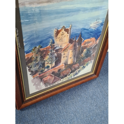 130 - Glass framed watercolour painting of German style Castle on the Lake, possibly Meersburg on Lake Con... 