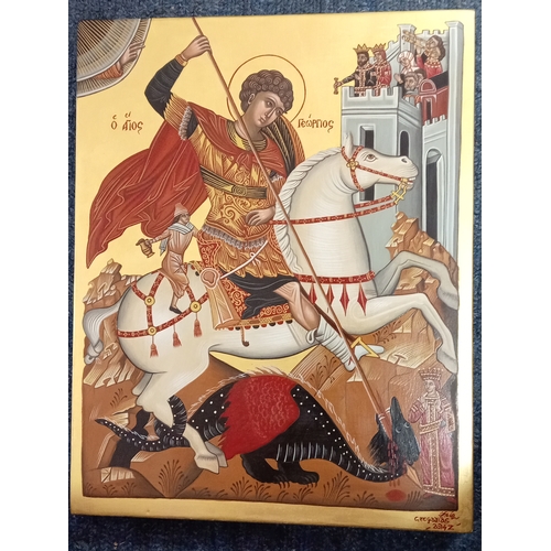 250 - A vintage holy Icon handpainted representing St George a reproduction from the Byzantine era. H 30cm... 