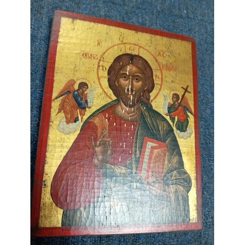 253 - A religious icon painting on wood of Jesus Christ Pantocrator based on a painting from the Byzantine... 
