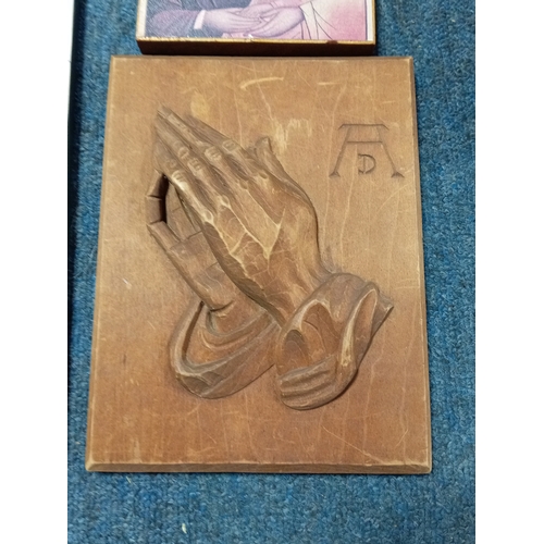 254 - A collection of 6 religious icon prints on wood one is carved.