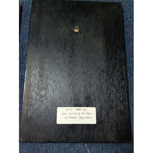 254 - A collection of 6 religious icon prints on wood one is carved.