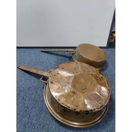 3 - A set of antique Copper pans, bowls and a pedestal.