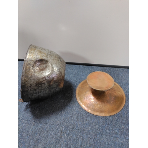 3 - A set of antique Copper pans, bowls and a pedestal.