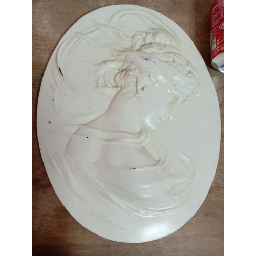 13 - A pair of art nouveau style cameo wall plaques. H 34cm x W 26cm.