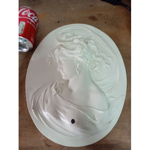 13 - A pair of art nouveau style cameo wall plaques. H 34cm x W 26cm.