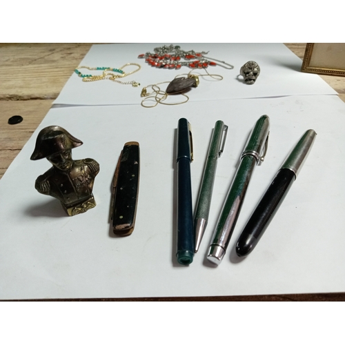 18 - A selection of trinkets, jewelry, a single clock, pair of Miranda binoculars, a multi tool pocket kn... 