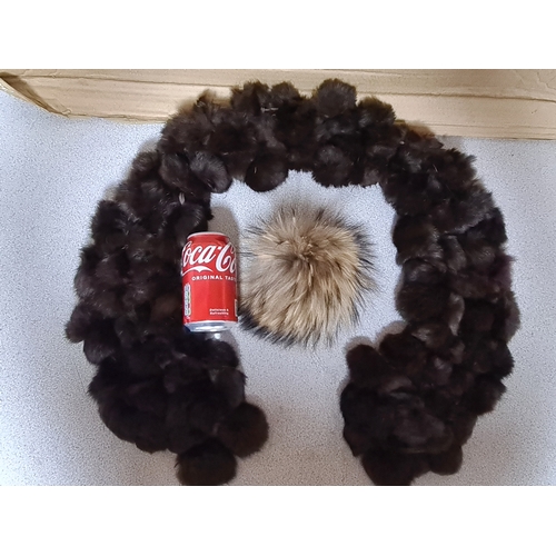 19 - Ladies vintage brown Fur Stole, possibly Rabbit Fur & a beige fur Pompom. Stole measures 150cm.