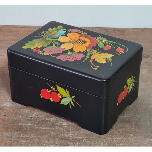 27 - 2 vintage black lacquered lidded boxes with hand painted floral designs, the square Victorian style ... 