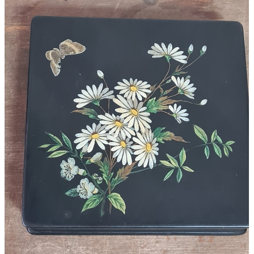 27 - 2 vintage black lacquered lidded boxes with hand painted floral designs, the square Victorian style ... 
