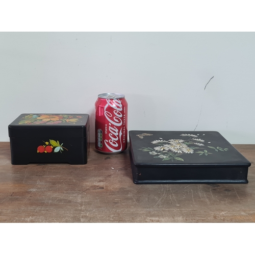 27 - 2 vintage black lacquered lidded boxes with hand painted floral designs, the square Victorian style ... 