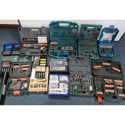 33 - A large job lot of of Drill Bit sets, Dremel tool sets and associated tools, includes a Workzone Piv... 