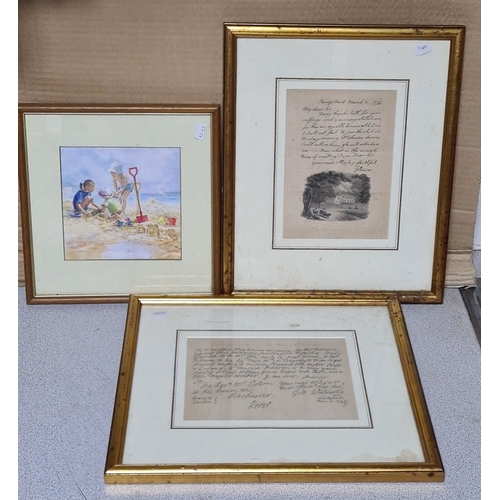 103 - 3 glass framed images to include: a small Watercolour print of children on the beach, measures 26cm ... 