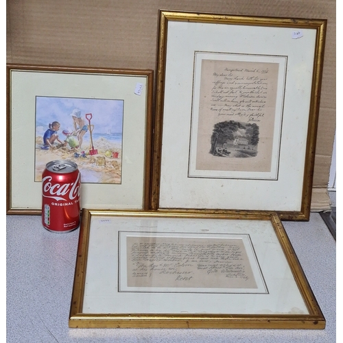 103 - 3 glass framed images to include: a small Watercolour print of children on the beach, measures 26cm ... 